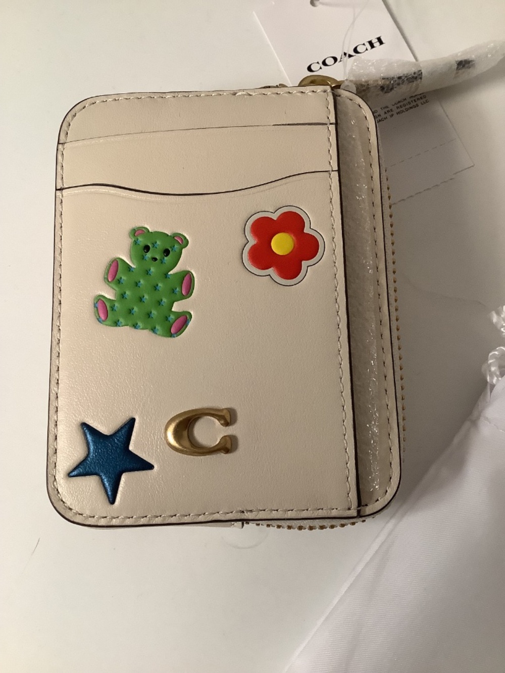 NWT Coach Essential Zip Card Case Wallet Sticker Print Brass & Chalk Leather - Picture 3 of 8